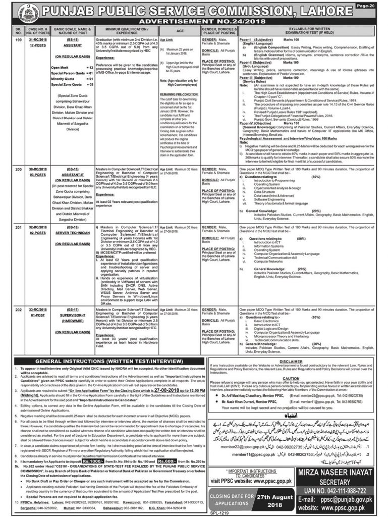 PPSC Latest Jobs in Lahore High Court