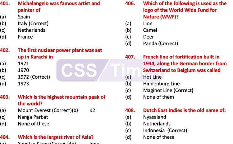 General Knowledge: Most Important MCQs (Part V) for CSS, PMS, PCS, NTS
