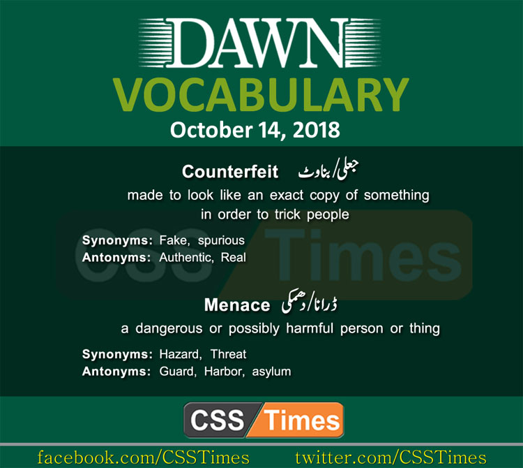 Daily Dawn Vocabulary with Urdu Meanings 14 October 2018