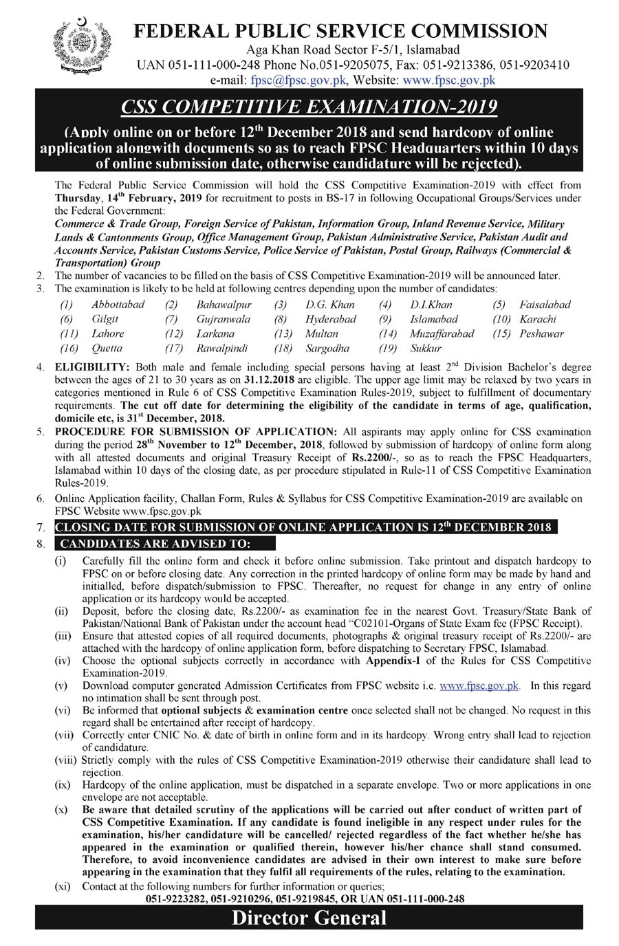 Competitive Examination (CSS) 2019 Schedule