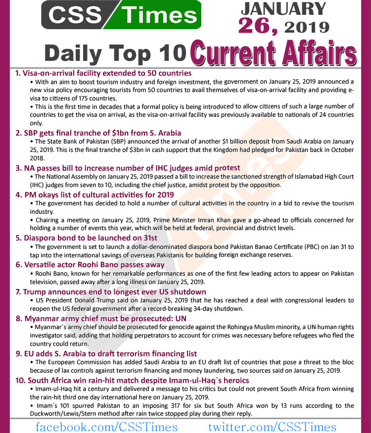 Day by Day Current Affairs (January 26, 2019) | MCQs for CSS, PMS