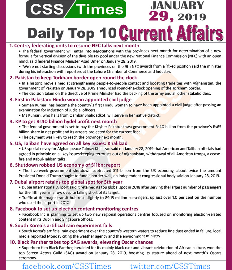 Day by Day Current Affairs (January 28, 2019) | MCQs for CSS, PMS