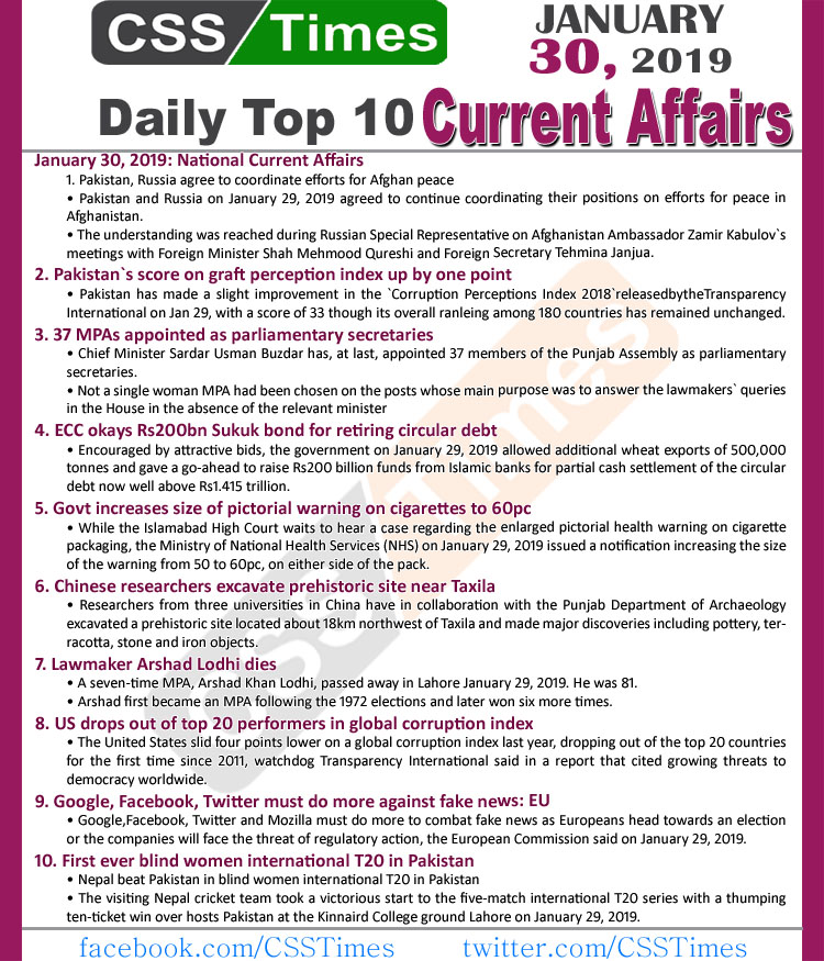 Day by Day Current Affairs (January 30, 2019) | MCQs for CSS, PMS