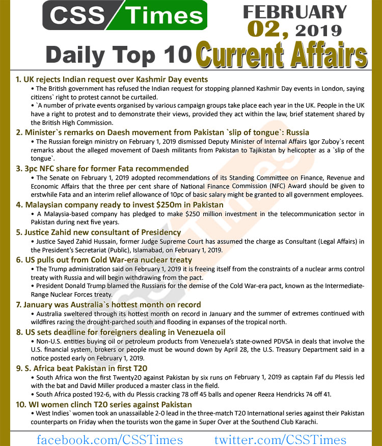 Day by Day Current Affairs (February 02, 2019) | MCQs for CSS, PMS