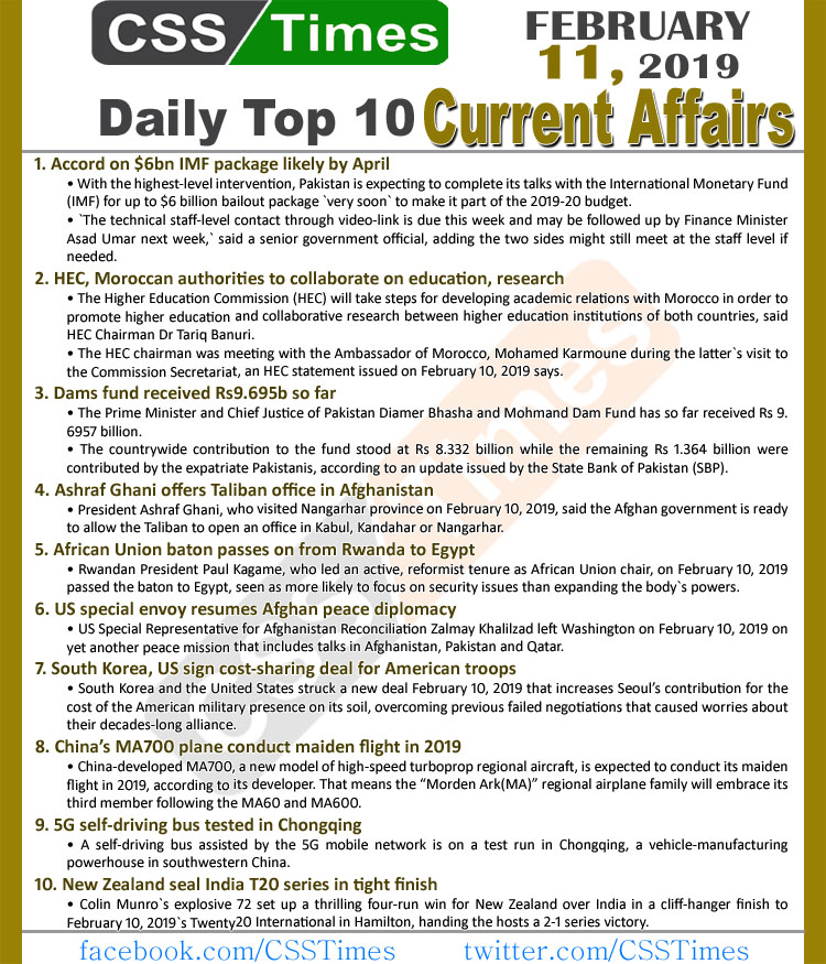 Day by Day Current Affairs (February 11, 2019) | MCQs for CSS, PMS