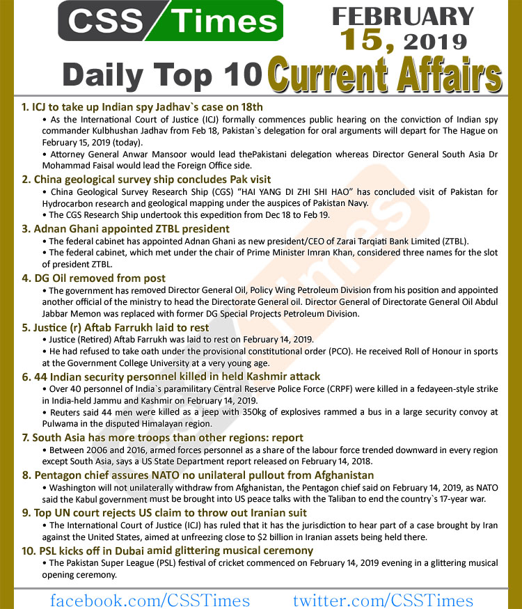 Day by Day Current Affairs (February 15, 2019) | MCQs for CSS, PMS