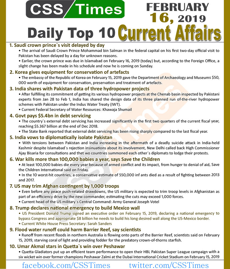 Day by Day Current Affairs (February 16, 2019) | MCQs for CSS, PMS