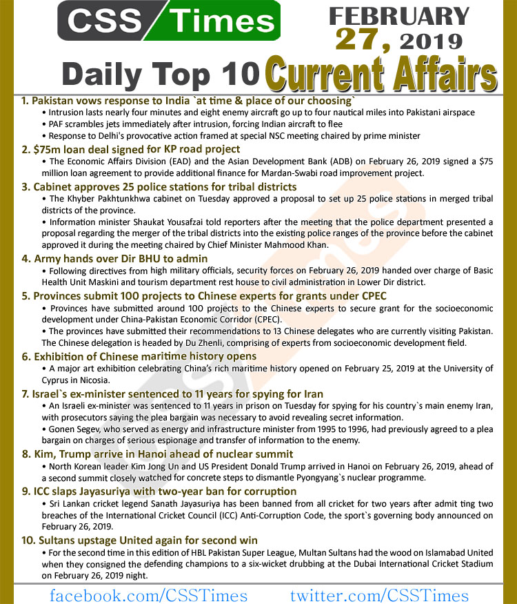 Day by Day Current Affairs (February 27, 2019) | MCQs for CSS, PMS