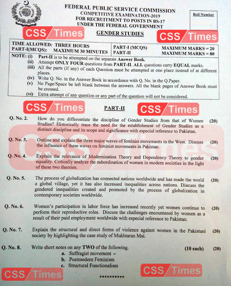 Gender Studies CSS Paper 2019