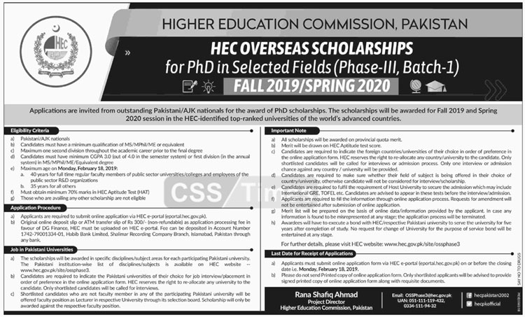 HEC Overseas Scholarships in Different Fields (Phase-III, Batch-1) 2019-20
