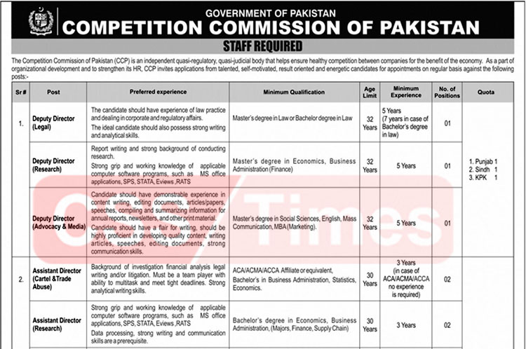 Competition Commission of Pakistan Govt of Pakistan job Advertisement heading