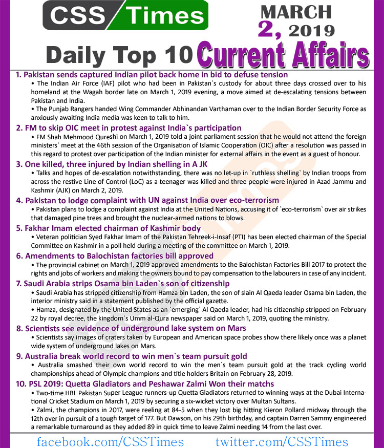 Day by Day Current Affairs (March 02, 2019) | MCQs for CSS, PMS