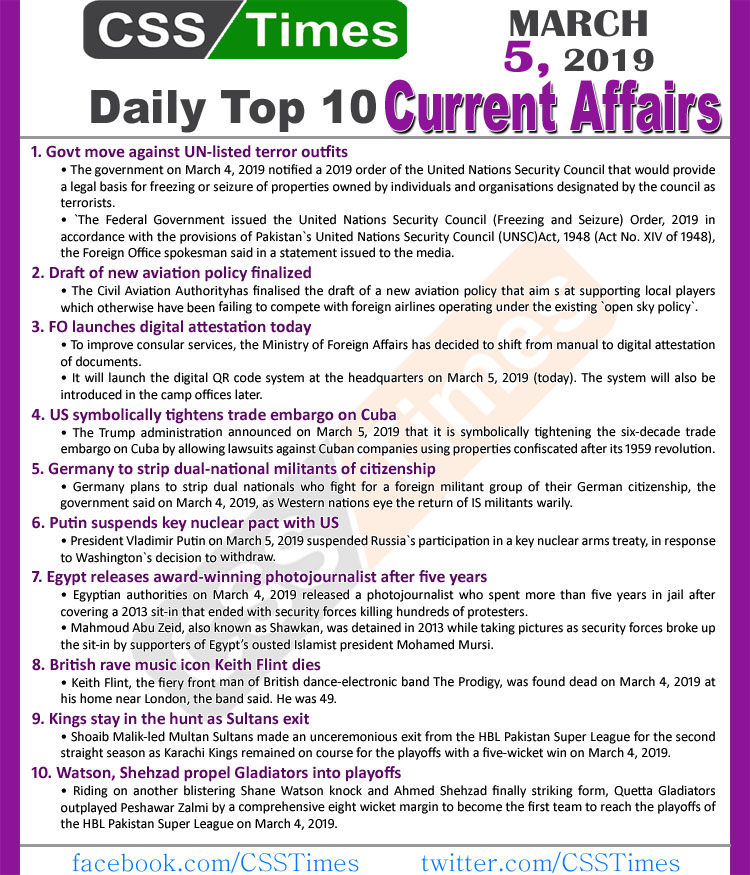 Day by Day Current Affairs (March 05, 2019) MCQs for CSS, PMS