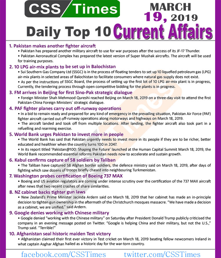 Day by Day Current Affairs (March 19, 2019) | MCQs for CSS, PMS
