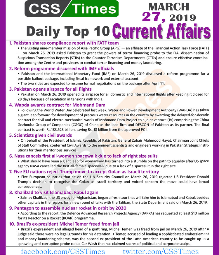 Day by Day Current Affairs (March 27, 2019) | MCQs for CSS, PMS