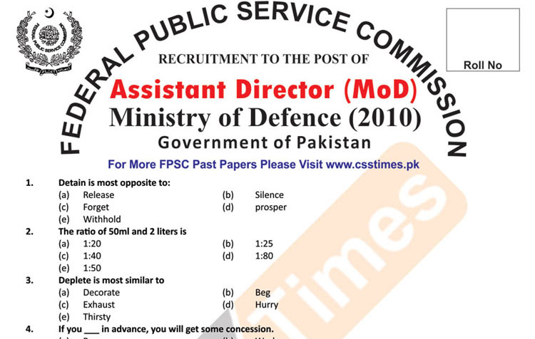 Assistant Director Ministry of Defence (MoD) FPSC Paper 2010