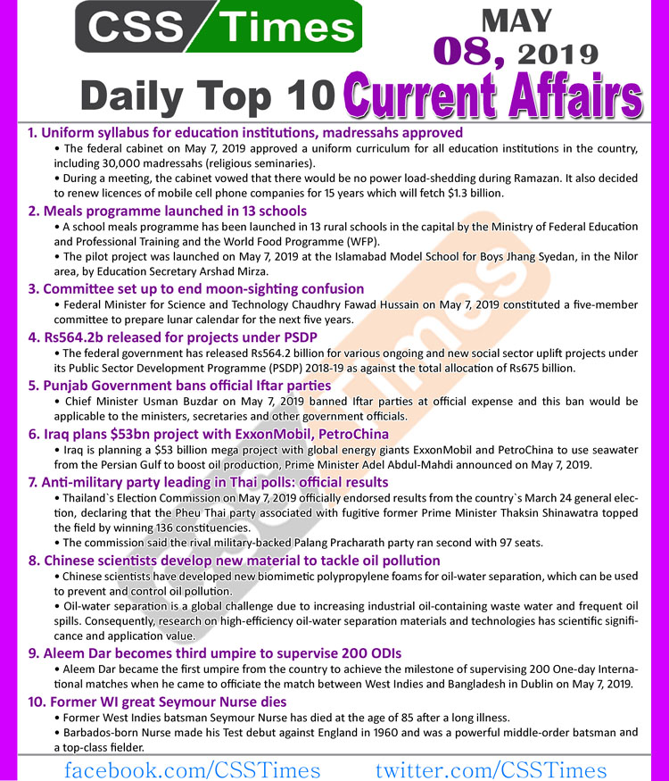 Day by Day Current Affairs (May 08, 2019) | MCQs for CSS, PMS