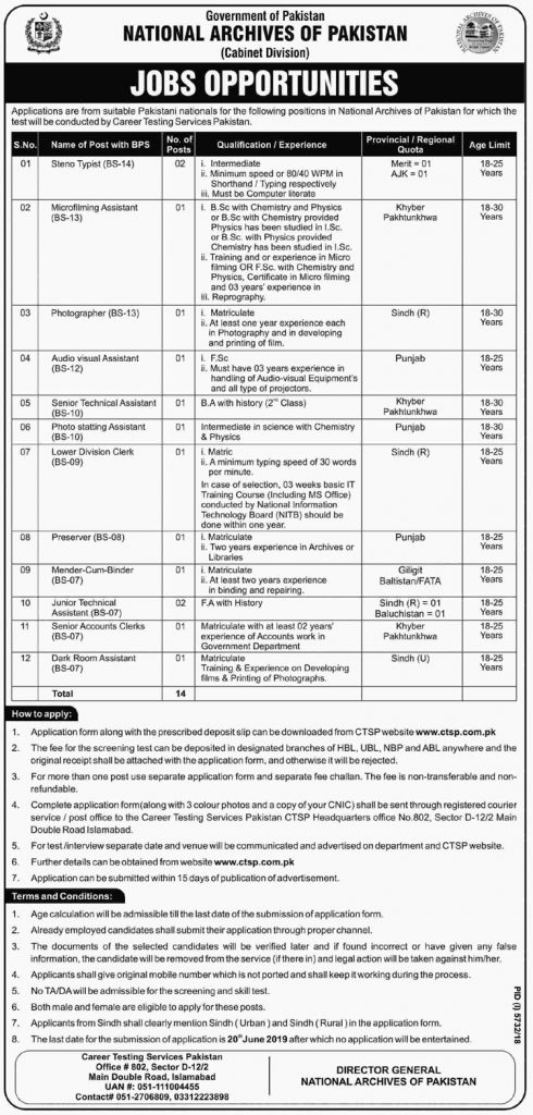 Jobs Opportunities in National Archives of Pakistan (Cabinet Division)