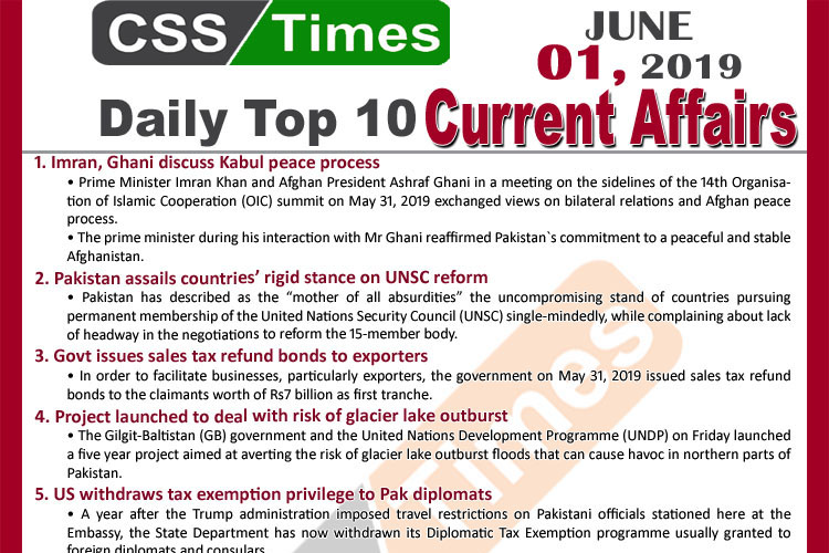 Day by Day Current Affairs June 01 2019 MCQs for CSS PMS 750