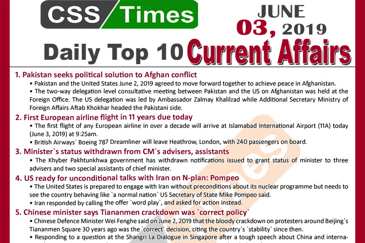 Day by Day Current Affairs (June 03, 2019) | MCQs for CSS, PMS