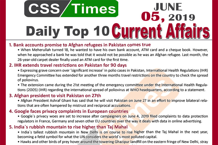 Day by Day Current Affairs (June 05 2019) MCQs for CSS, PMS