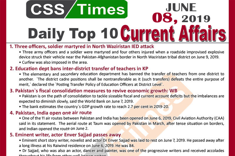 Day by Day Current Affairs (June 08, 2019) | MCQs for CSS, PMS