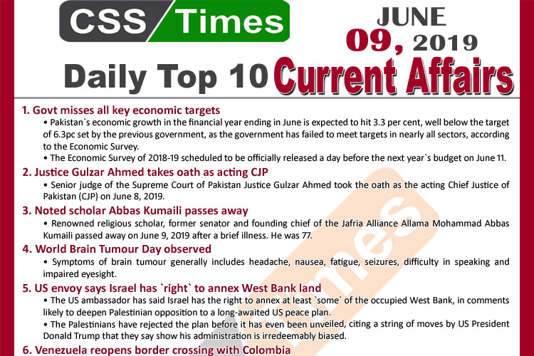 Day by Day Current Affairs (June 09, 2019) | MCQs for CSS, PMS