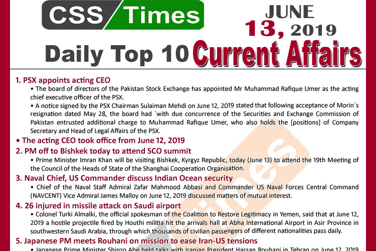 Day by Day Current Affairs (June 13, 2019)MCQs for CSS, PMS
