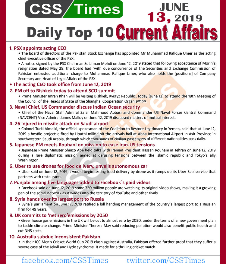 Day by Day Current Affairs (June 13, 2019)MCQs for CSS, PMS