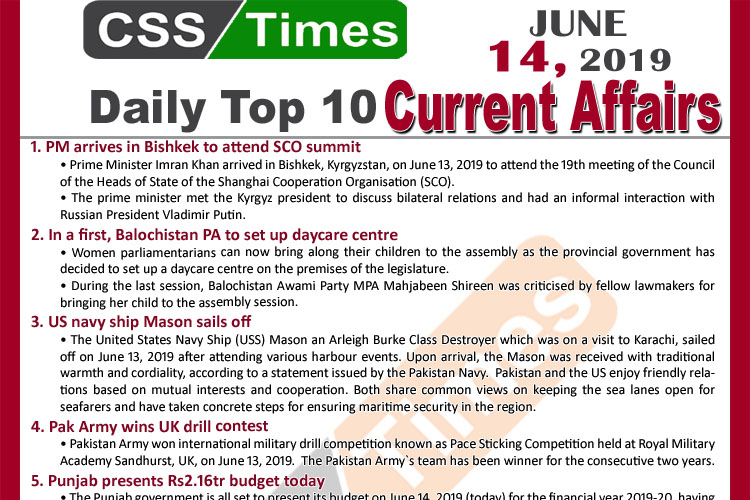 Day by Day Current Affairs June 14 2019 MCQs for CSS PMS 1