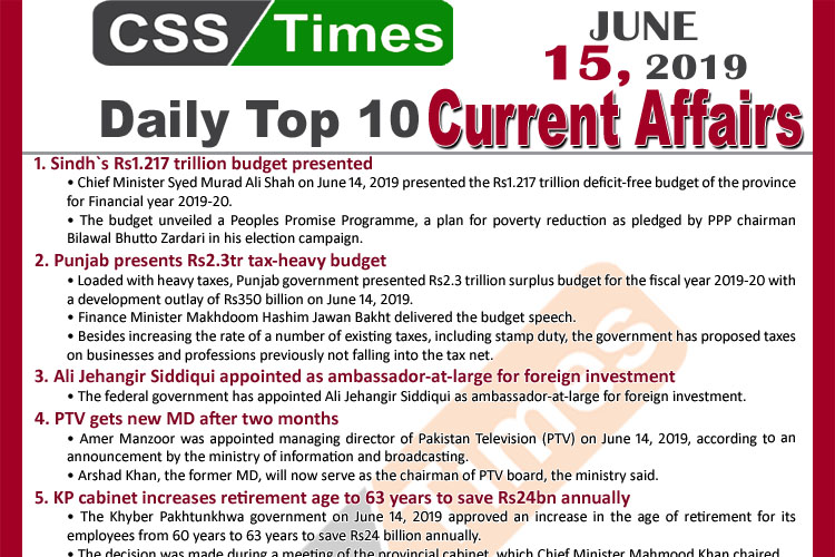 Day by Day Current Affairs June 15 2019 MCQs for CSS PMS 1