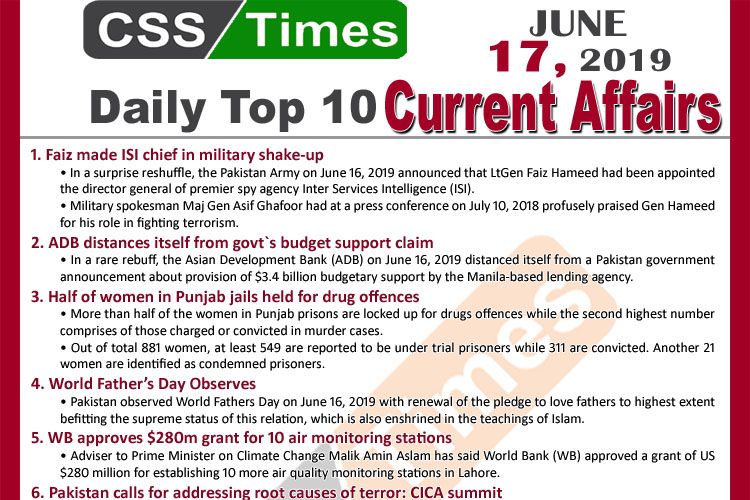 Day by Day Current Affairs (June 17, 2019) | MCQs for CSS, PMS