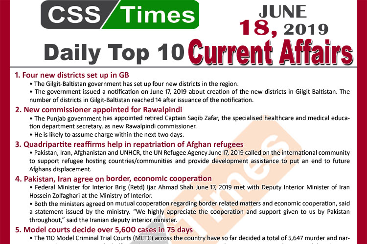 Day by Day Current Affairs (June 18, 2019) | MCQs for CSS, PMS