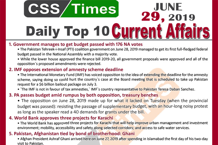 Day by Day Current Affairs (June 29, 2019) | MCQs for CSS, PMS