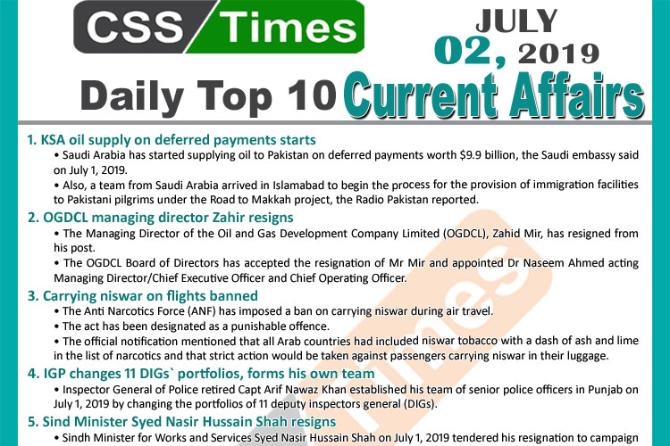 Day by Day Current Affairs (July 02, 2019) MCQs for CSS, PMS