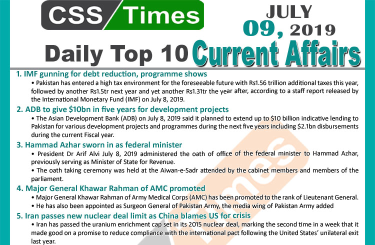 Day by Day Current Affairs (July 09, 2019) | MCQs for CSS, PMS