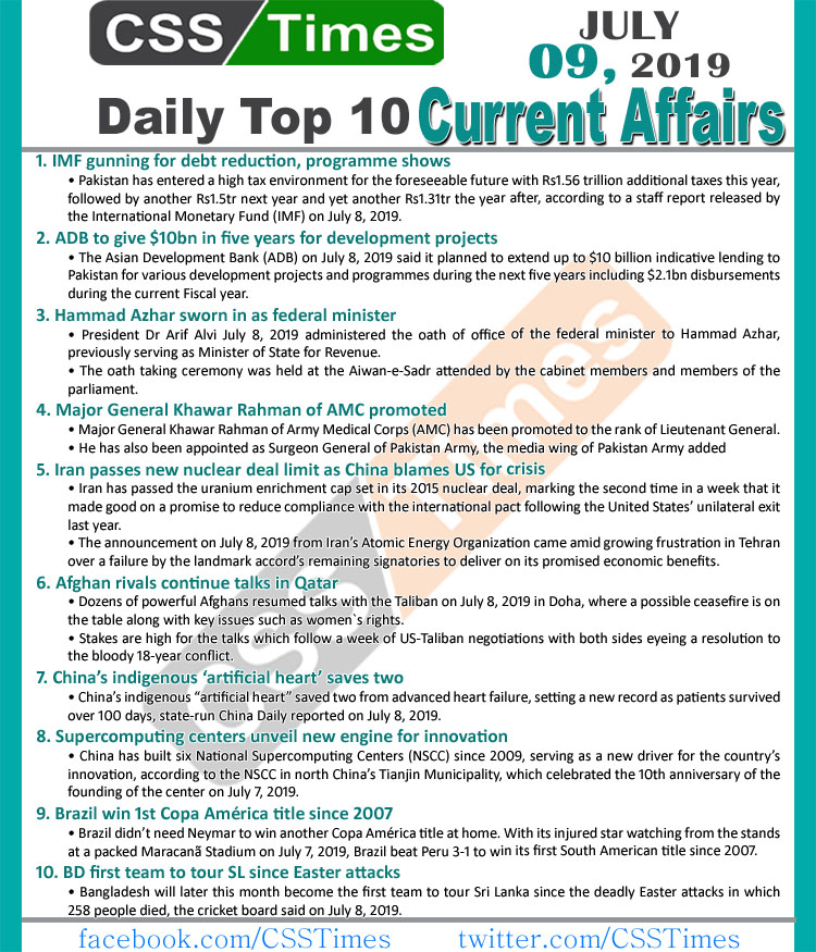 Day by Day Current Affairs (July 09, 2019) | MCQs for CSS, PMS