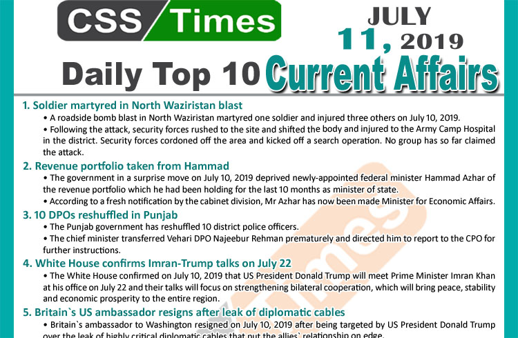 Day by Day Current Affairs (July 11, 2019), MCQs for CSS, PMS