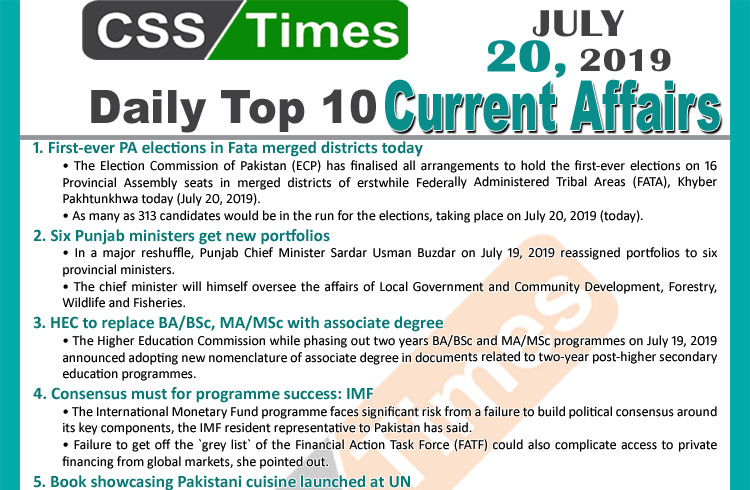 Day by Day Current Affairs (July 20, 2019) | MCQs for CSS, PMS