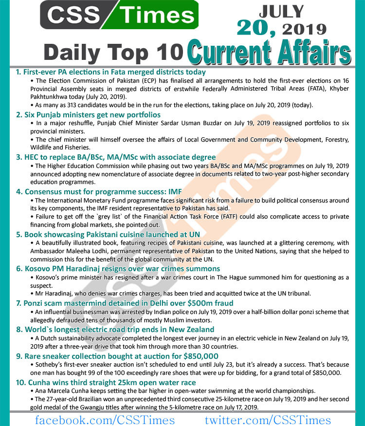 Day by Day Current Affairs (July 20, 2019) | MCQs for CSS, PMS