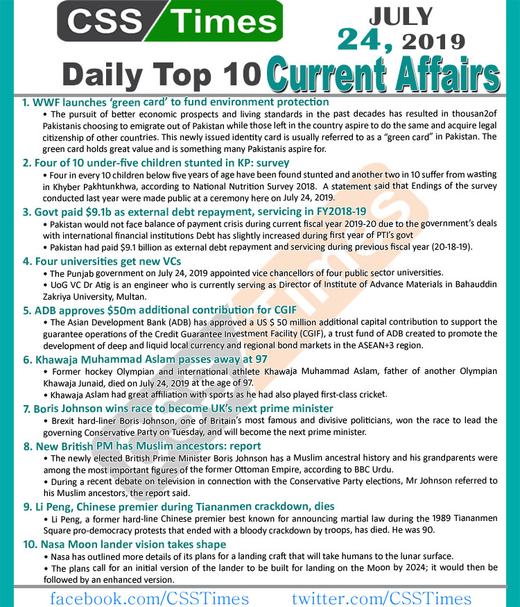 Day by Day Current Affairs (July 24, 2019) | MCQs for CSS, PMS