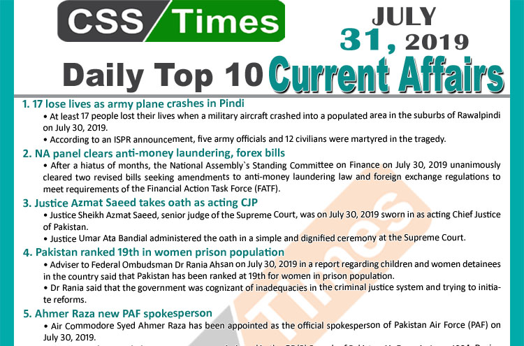 Day by Day Current Affairs (July 31, 2019) | MCQs for CSS, PMS