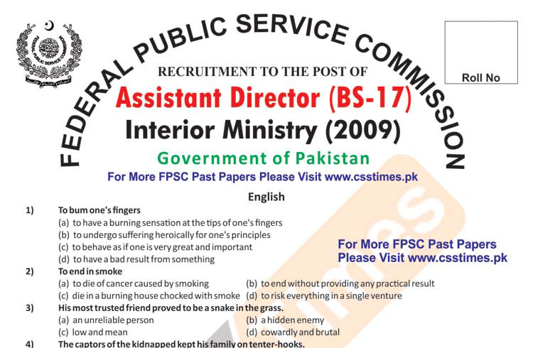 Assistant Director Interior Ministry (BS-17) FPSC Paper 2009