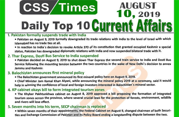 Day by Day Current Affairs August 10 2019 MCQs for CSS PMS 1