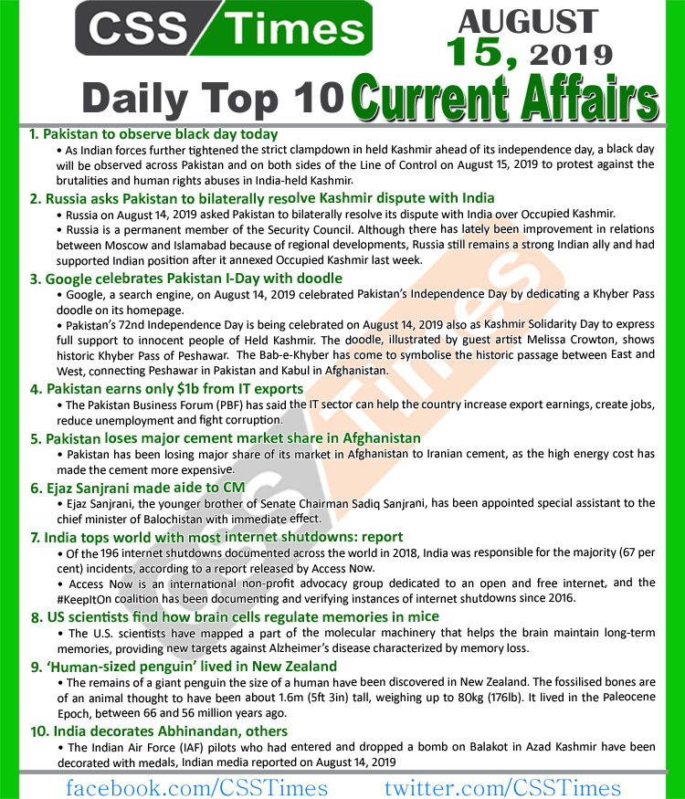 Day by Day Current Affairs (August 15, 2019) | MCQs for CSS, PMS