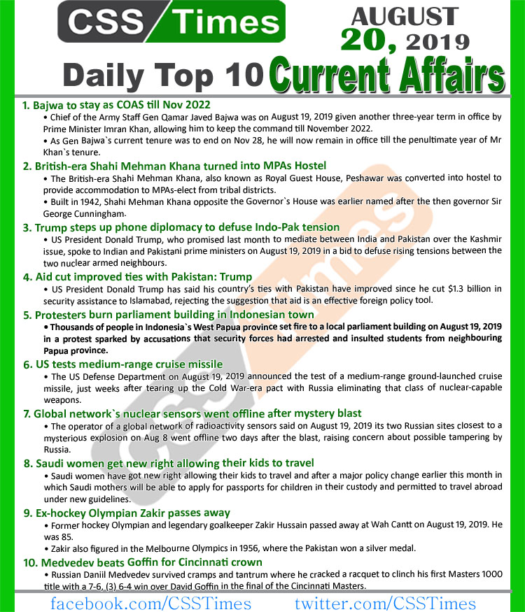 Day by Day Current Affairs (August 20, 2019) | MCQs for CSS, PMS