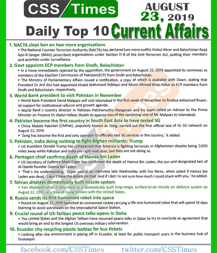 Day by Day Current Affairs (August 23, 2019) | MCQs for CSS, PMS
