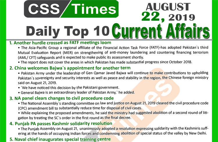 Day by Day Current Affairs (August 22, 2019)MCQs for CSS, PMS