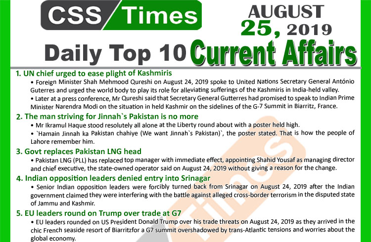 Day by Day Current Affairs (August 25, 2019) | MCQs for CSS, PMS