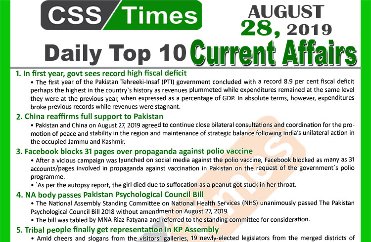 Day by Day Current Affairs August 27 2019MCQs for CSS PMS 1
